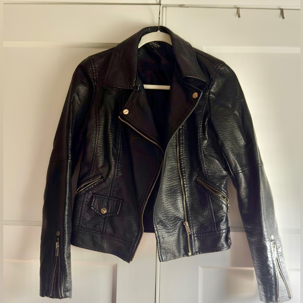 CoffeeShop Faux Black Leather Jacket with Gold Zippers - Picture 4 of 10